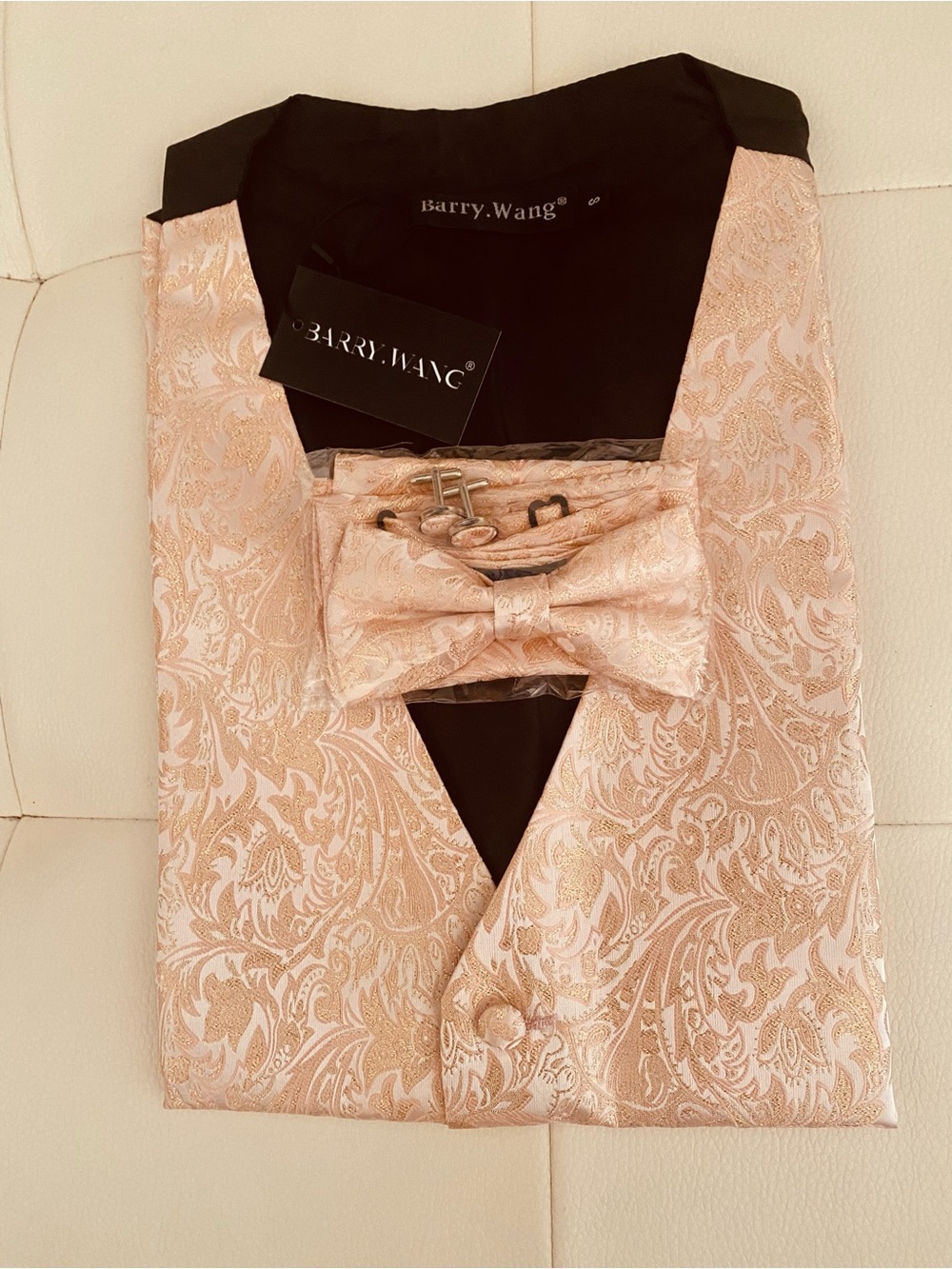 Barry.Wang Pale Pink Paisley Vest, Bow Tie,  Cuff Links & Pocket square Set